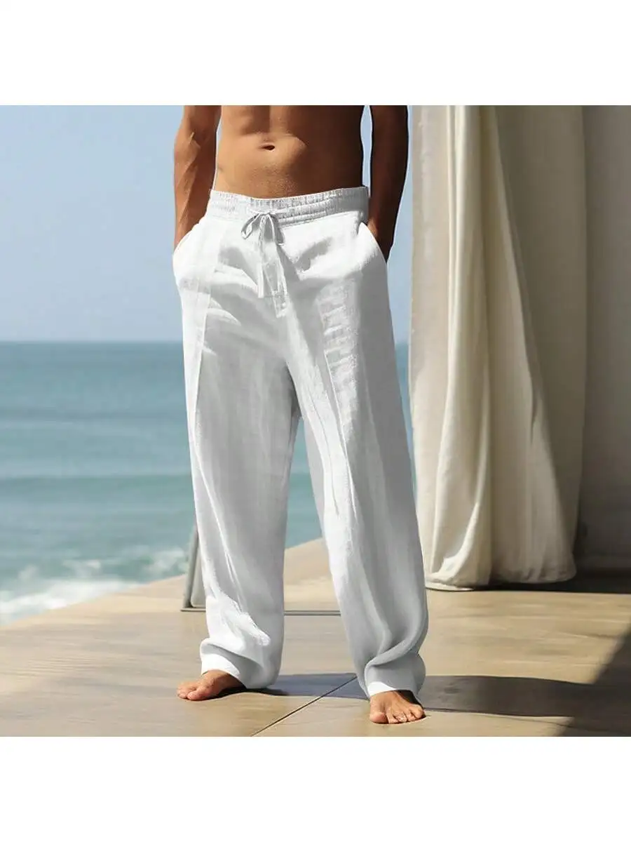 

Mens Linen Loose Drawstring Pants Casual Elastic Waist Beach Trousers
