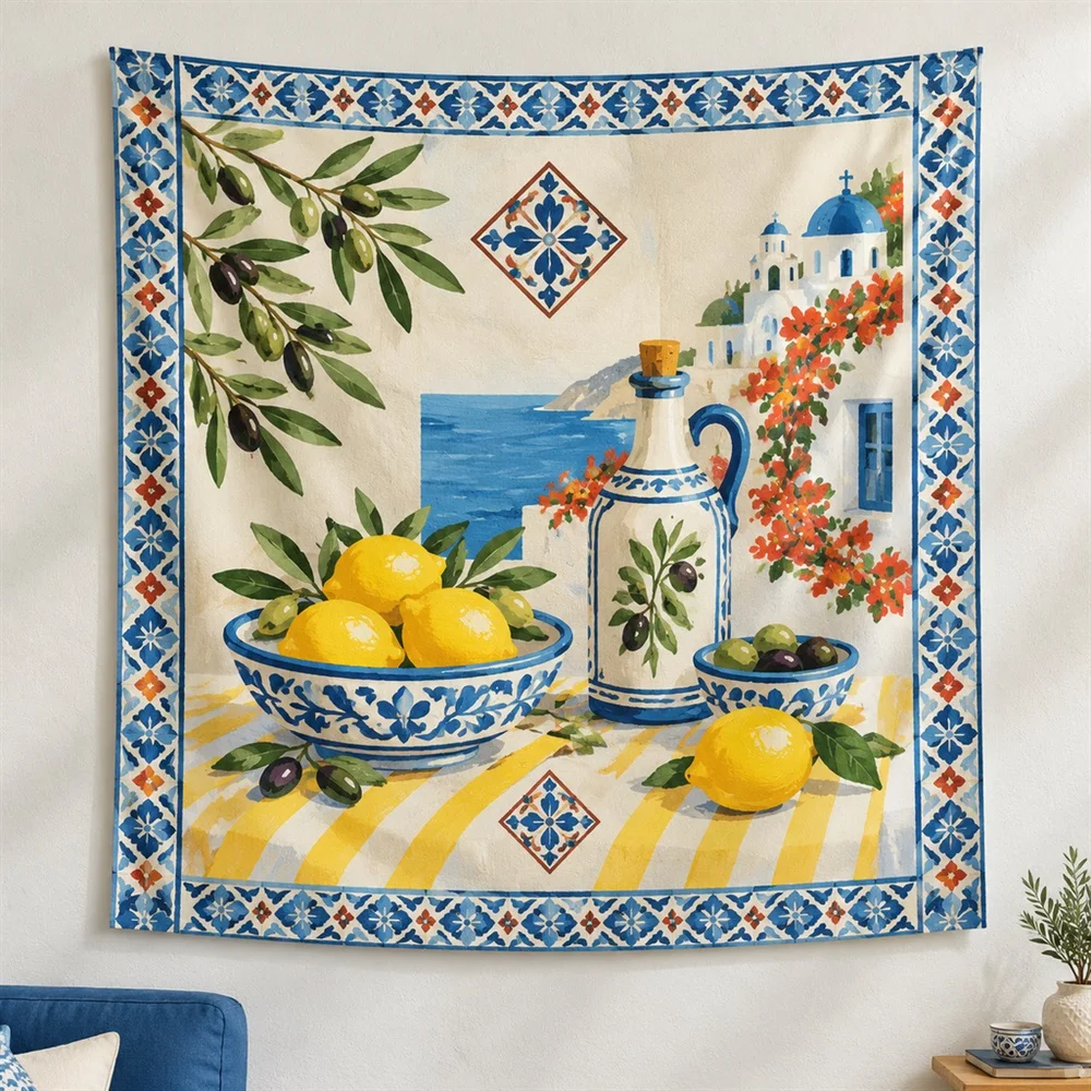 VIKAMA Mediterranean Table Clustered Groups Tapestry Wall Hanging, Mediterranean Wall Decor Tapestries for Living Room Bedroom