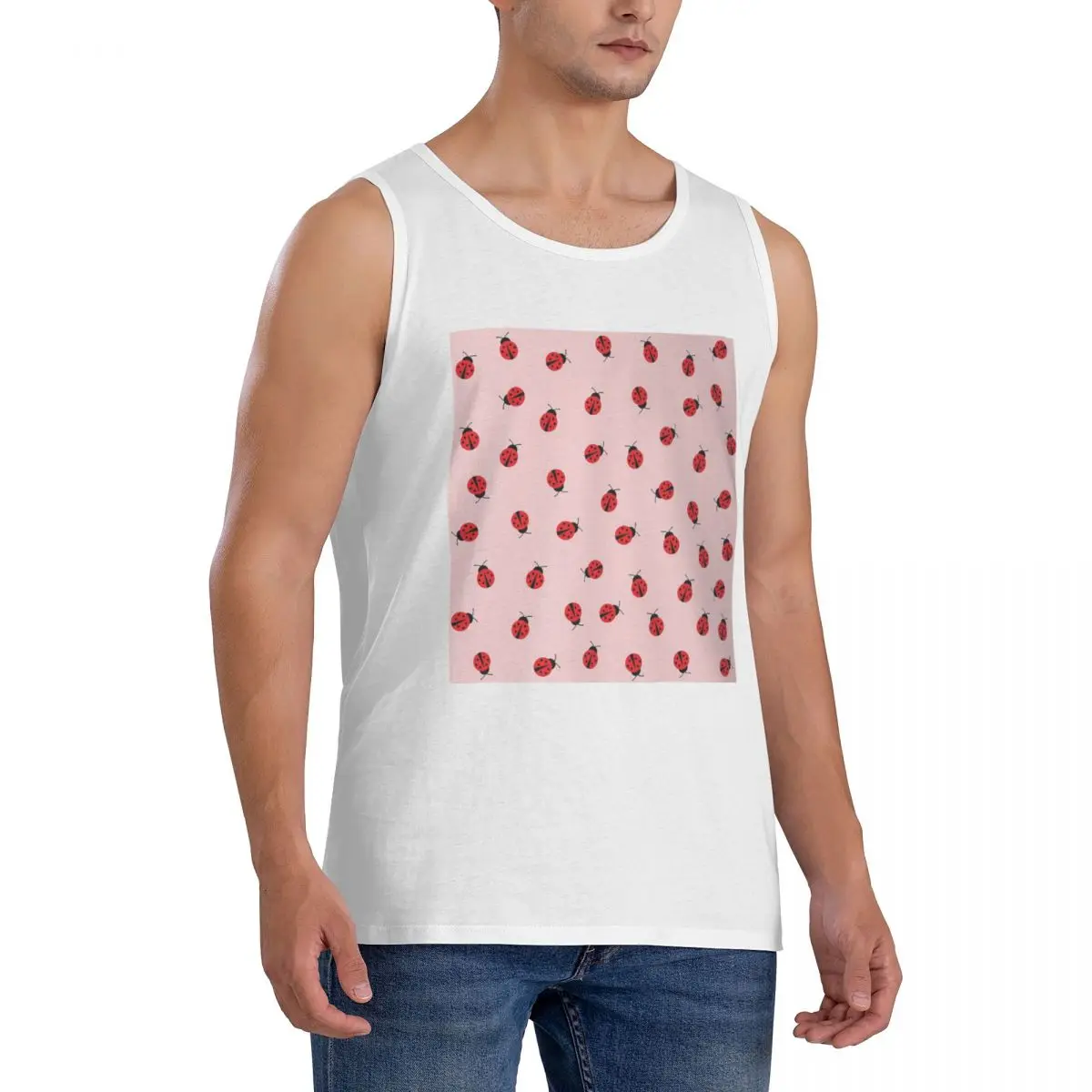 100% Cotton Cute Ladybug Pattern On Pink Background Sleeveless T-Shirt Men Workout Sports Clothing Tops Men's Crew Neck Vest