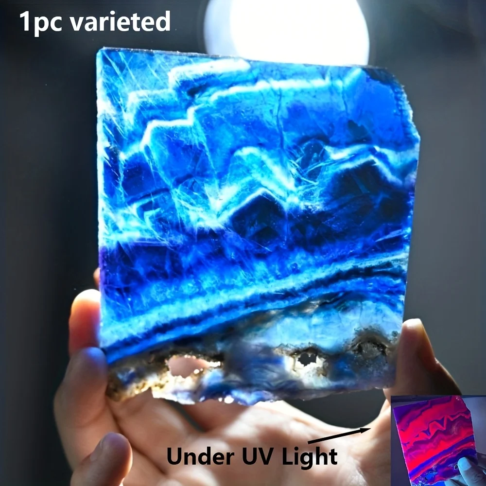 1pc Black Rose Feather Fluorite Slice | Red Stripes Pattern Under UV Light, Dark Blue & Green Color, UV Reactive Stone