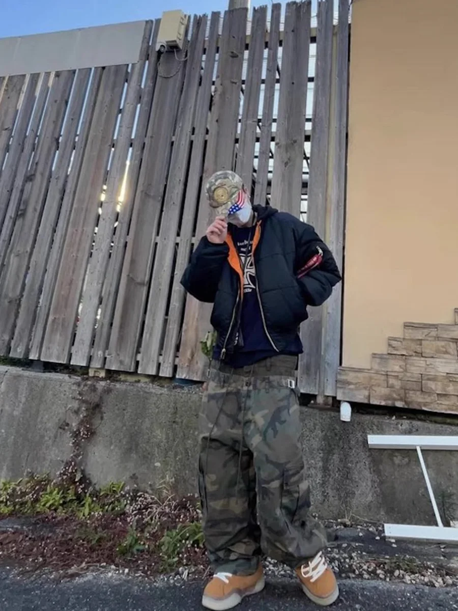 

Retro American Vibe Camouflage Cargo Work Pants Tee Waist Splicing ape Worn-look Multi-ket Trendy Brand Long Trousers