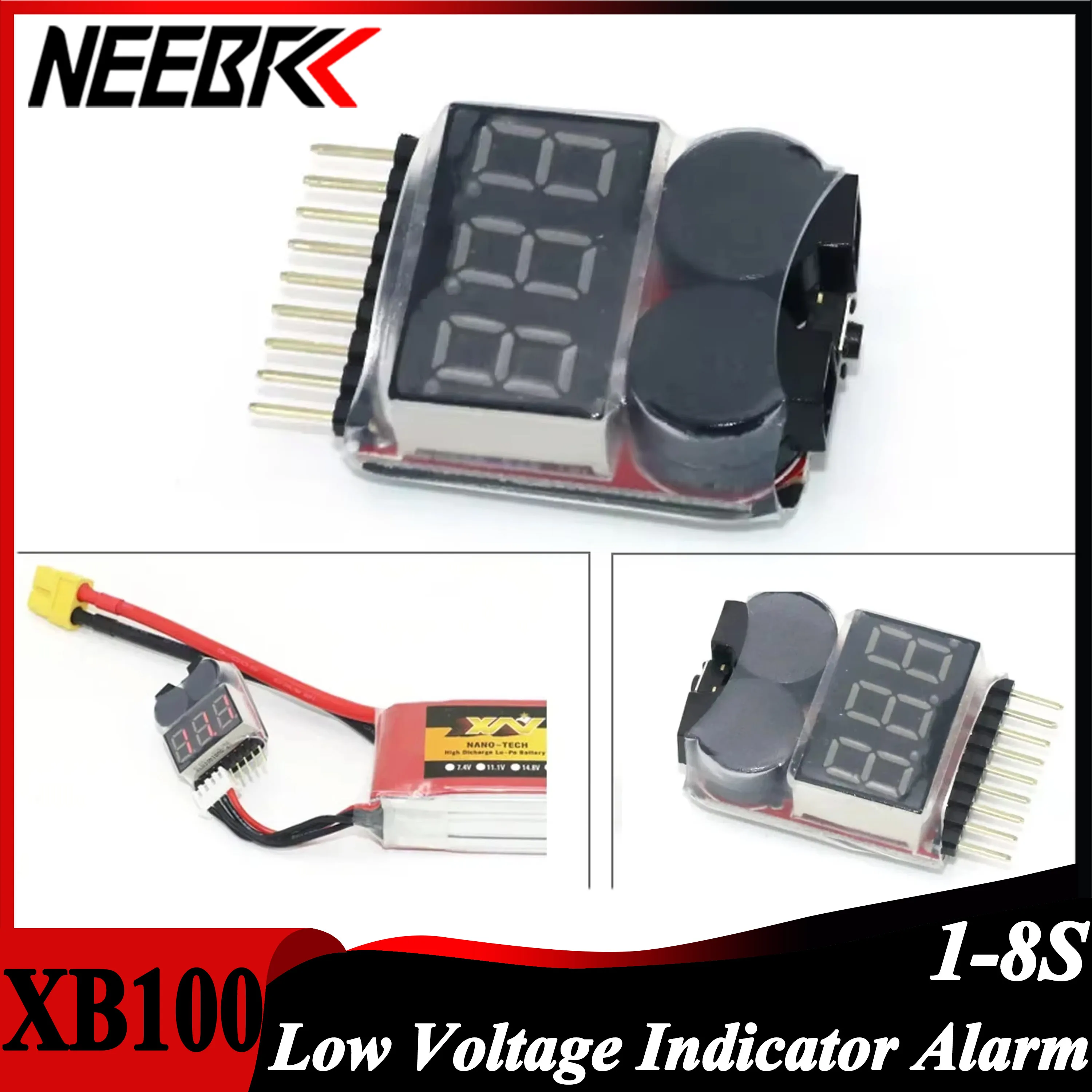 

NEEBRC LED Lipo Battery Low Voltage Indicator Tester Volt Meter Monitor Buzzer Alarm 1-8S for RC Car Plane Robot Model Toy Part