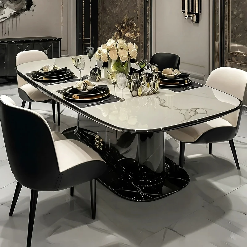 Luxury Modern Dining Table Premium Nano Microcrystalline Stone Tabletop Unique Glossy Black Pedestal Base for Villa Dining Room