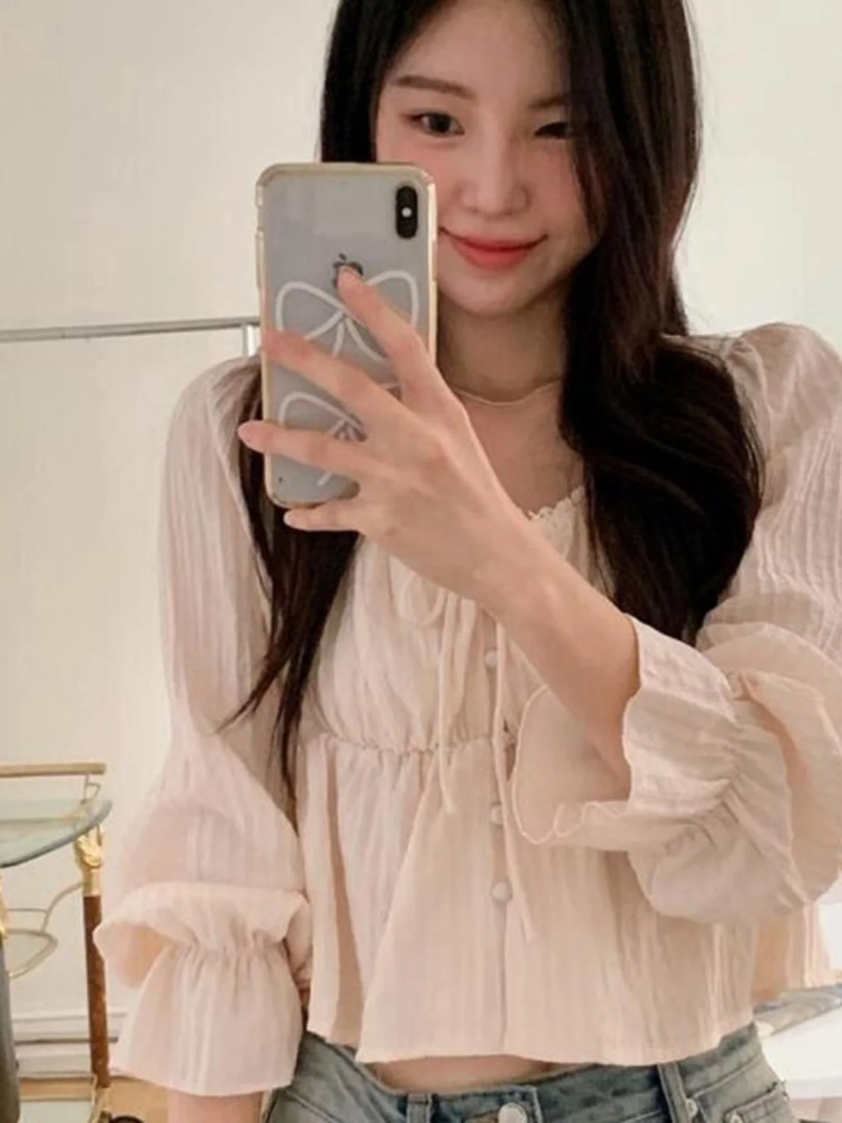 

Sweet Retro Square Collar Bubble Sve irt Waist Cinched Belted Women's Faion Early Autumn Clothing Korean Sle Loose Fit