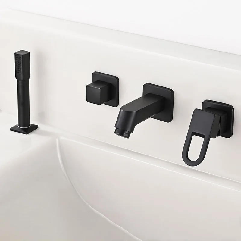 4Pcs/Set Black Brass Bathtub Faucet With Handheld Shower Diverter Pull Out Shower Head Widespread Tub Sink Tap Hot Cold Mixer