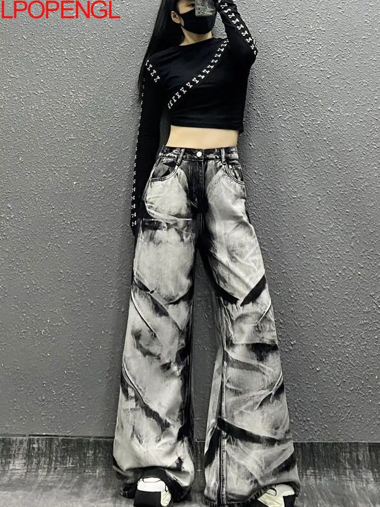 

2025 Women's Spring And Summer Loose Tie-dye Washed Button Jeans New High-waisted Versatile Streetwear Straight Wide-leg Pants