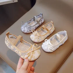 Summer Solid Color Flower Breathable Mesh Princess Round Toe Embroidered Casual and Comfortable Children's Student Flat Shoes