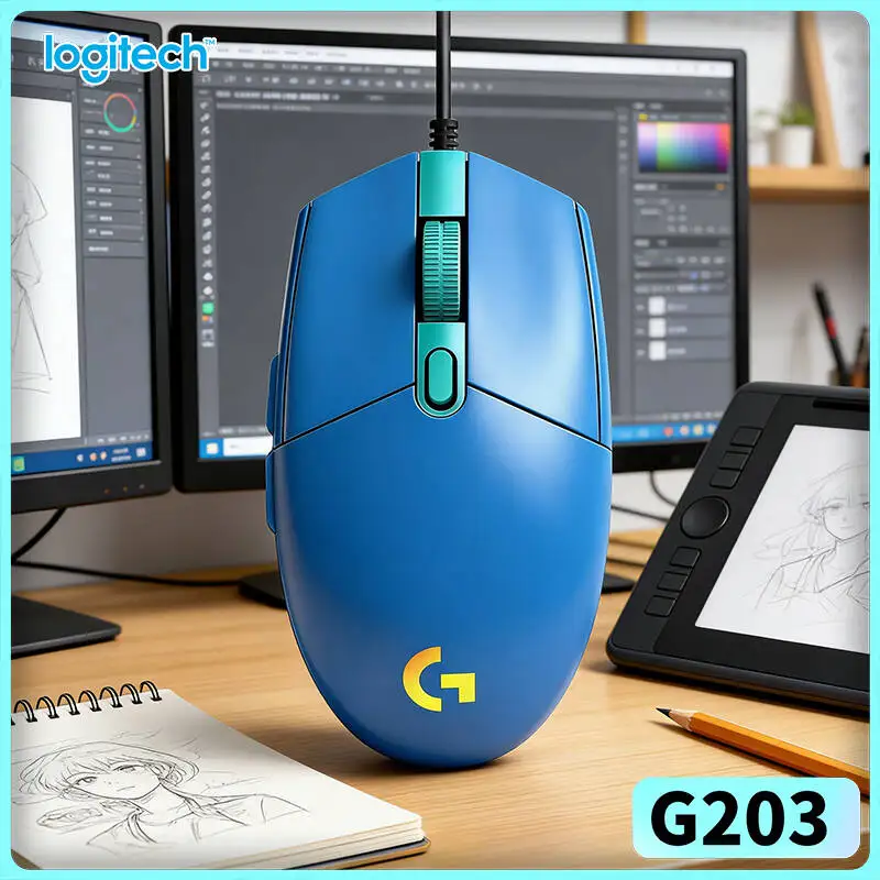 Logitech G203 wired gaming mouse lightweight non‑bulky gaming body customizable RGB glow ergonomic grip USB pc