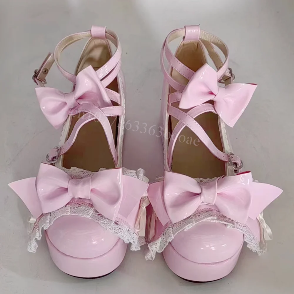 

Lolita Bow Knot Decor Pumps Ankle Strap Patent Leather Shoes for Women Round Toe Platform Cute Shoes 2025 Zapatos Para Mujere