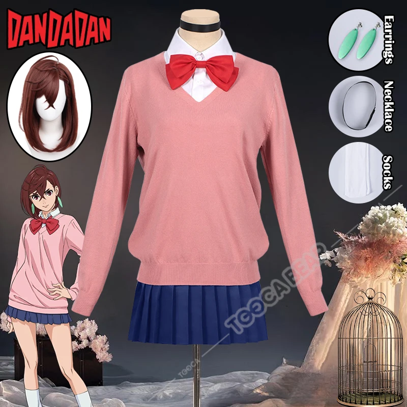 Momo ayase cosplay traje anime dandadan peruca rosa camisola de malha saia superior brincos uniforme escolar meias okarun dia das bruxas