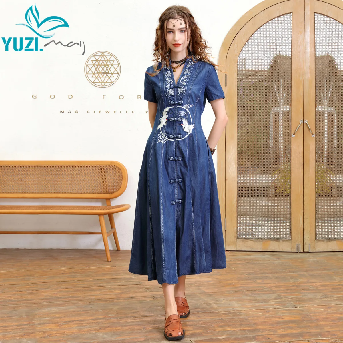 ชุดผู้หญิง2022 Yuzi.May Boho ใหม่ Denim ชุด V คอสั้นแขนเดี่ยว Vintage เย็บปักถักร้อย Vestidos A82501