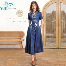 Dresses For Women 2022 Yuzi.may Boho New Denim Dress V-Neck Short Sleeve Single Breasted Vintage Embroidery Vestidos A82501