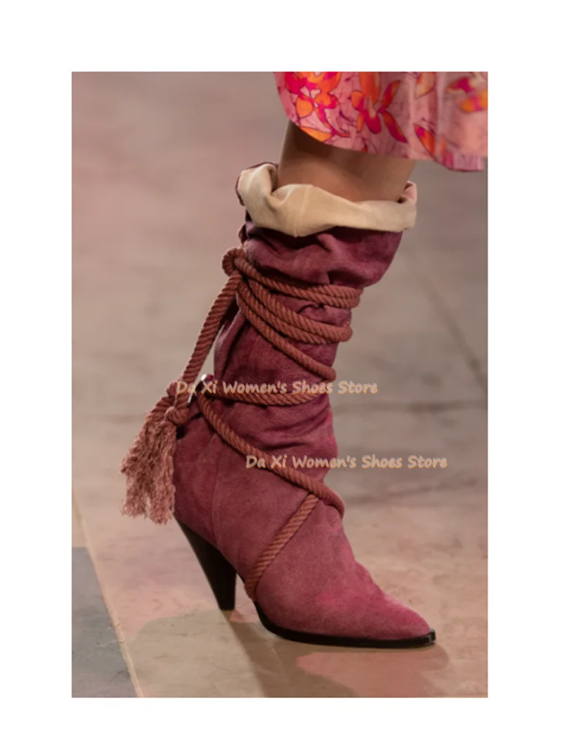 Khaki Faux Suede Knee High Boots Pointed Toe Cone Heel Rope Wrap Tassel Decor Tall Boots Western Party Luxury Women's Shoes 2026