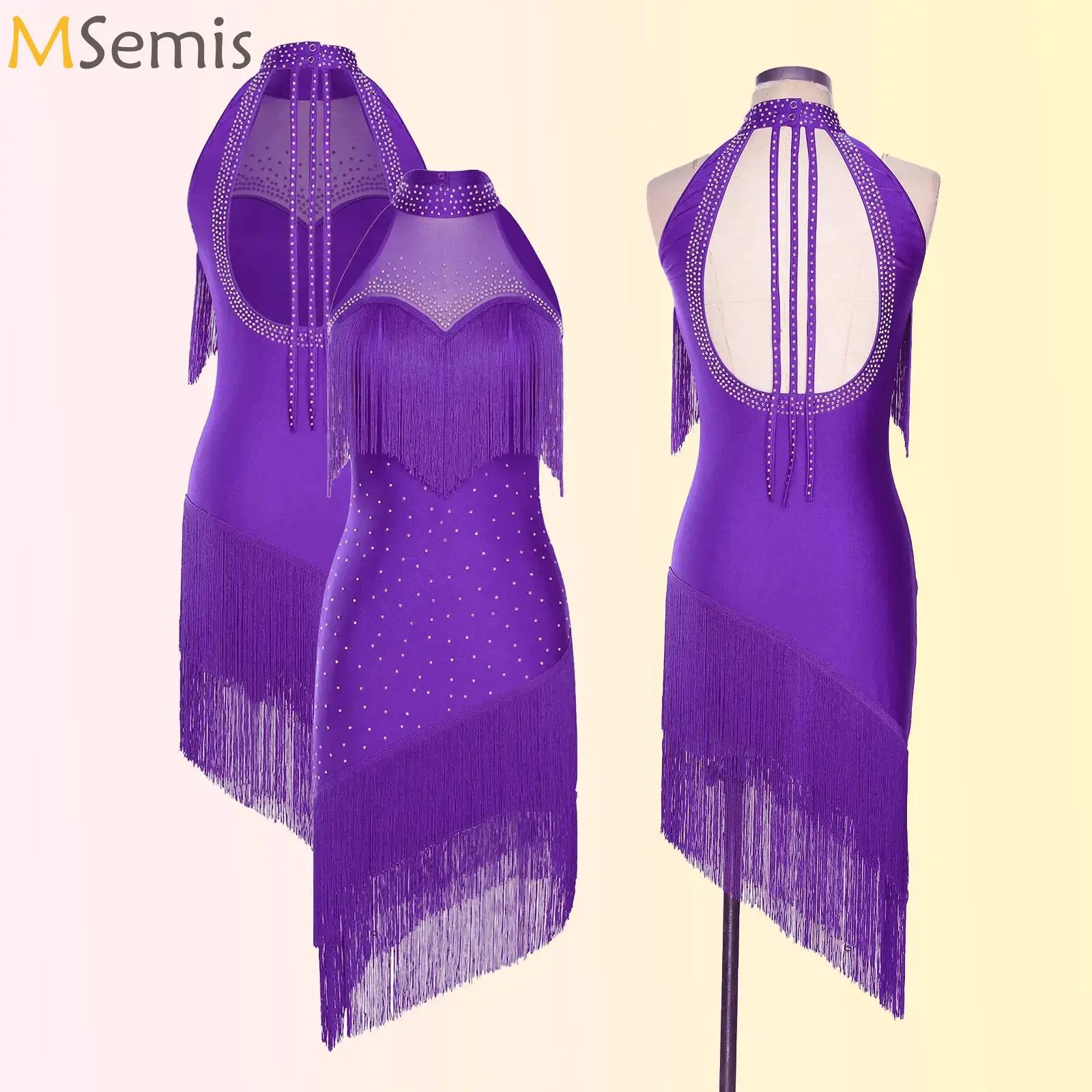 

Women Rhinestones Latin Tango Belly Dance Fringe Dress Spaghetti Straps Fringe Dress Competition Ballroom Dance Stage Costumes