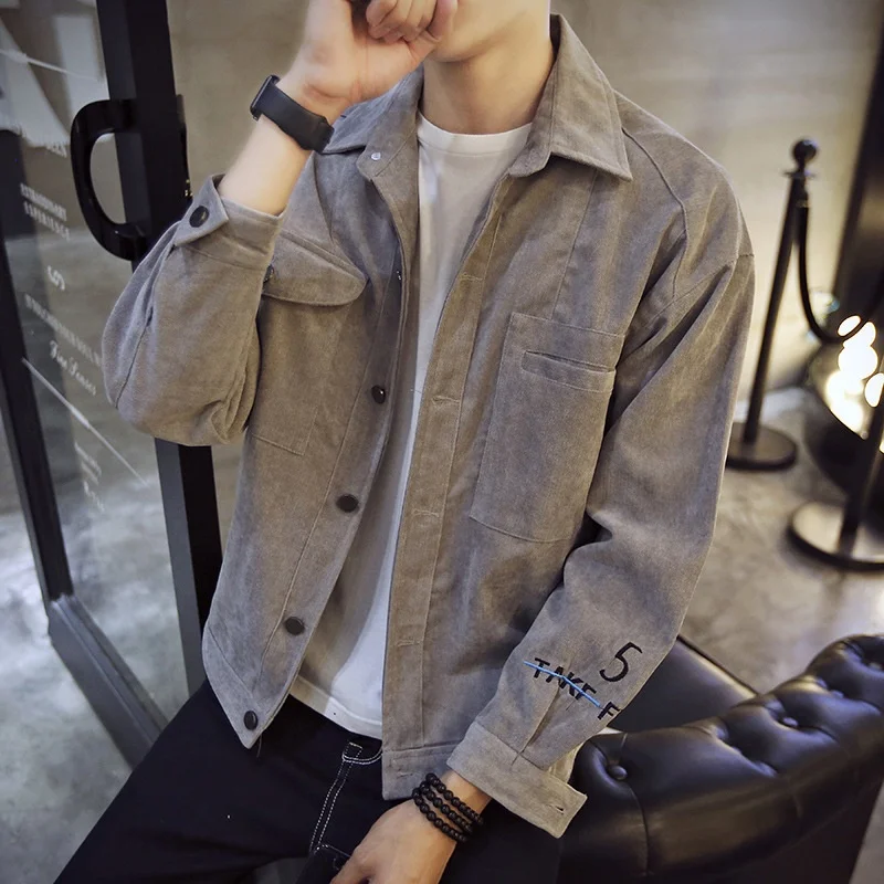 

New Arrival Men's Casual Embroidered Jaet Coat Slim Fit Corduroy Outerwear Autumn Winter Faionable Long Sve Coat