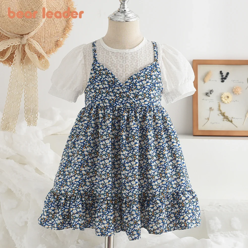 Bear Leader Girls Floral Dresses 2023 Summer New Children\'s Rustic French Chiffon Floral Fake Two Pieces Halter Dress