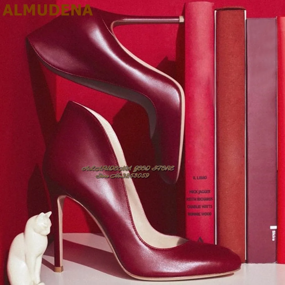 

ALMUDENA Burgundy Matte Leather High Heel Shoes Elegant Round Toe Shallow Cut Wedding Pumps Slip-on Evening Party Shoes 12cm