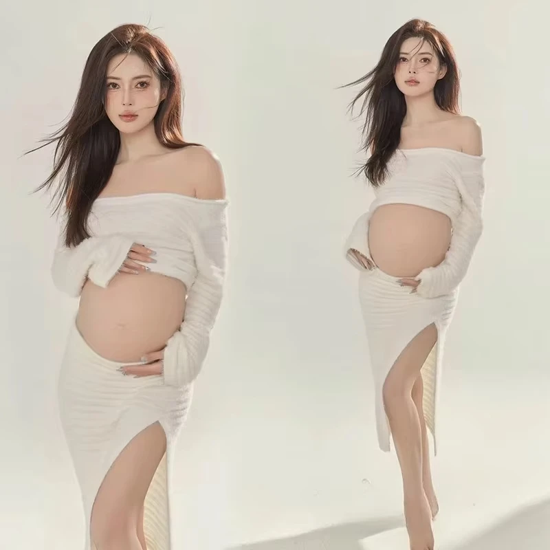 Women Photography Props Maternity Dresses White Elegant Knitted Pregnancy Dress for Studio Shoot Photo Shoot Photo Clothing