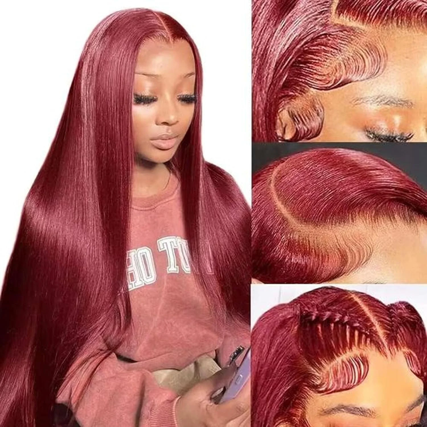 

Бургундский парик из натуральных волос с HD-кружевом 13x4, прямой, красный, парик из натуральных волос с кружевом 13x6, цвет 99J, 220% плотность, 100% натуральные волосы