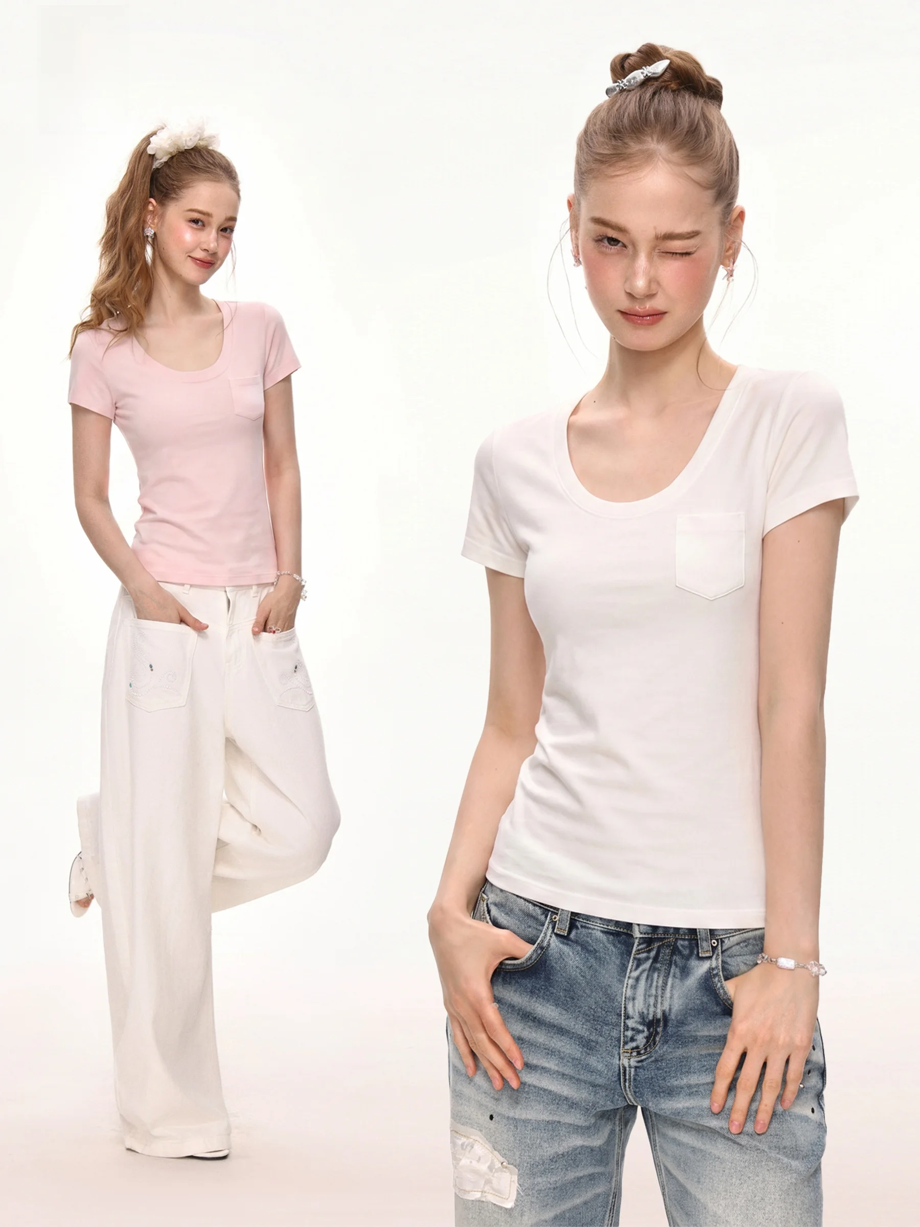 July Pure Desire Spicy Girl U-Neck Pocket Short Sleeve T-Shirt Women's Basic Style Slimming Versatile Summer Top