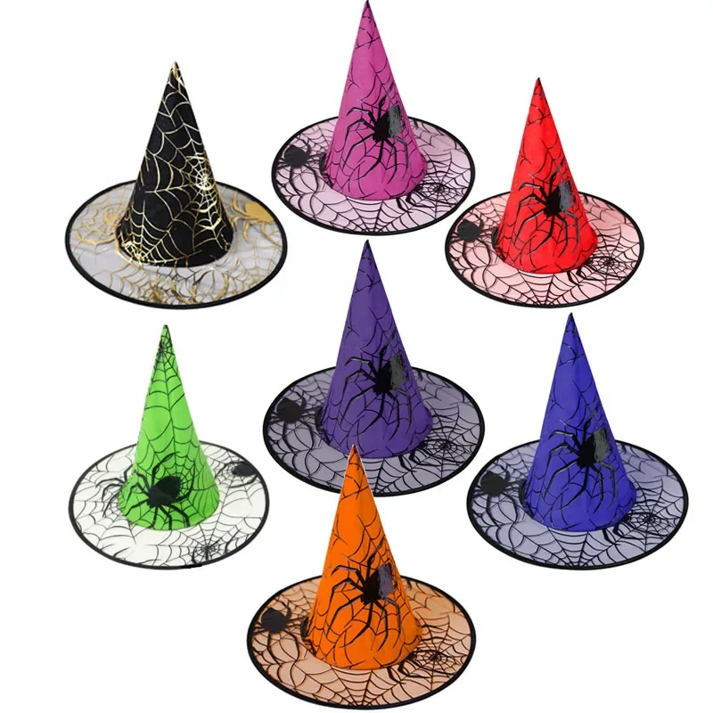 

2pcs Halloween Witch Hat For Boys Girls Spider Print Wizard Hat Adult Witch Party Hat Decoration Witch Accessories