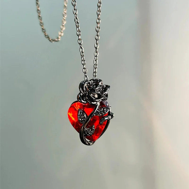 Gothic Rose Red Love Halskette Damen Y2K Grunge Schmuck Zierliche Silberfarbe Tonebloody Human Heart Anhänger Personalisierte Geschenke