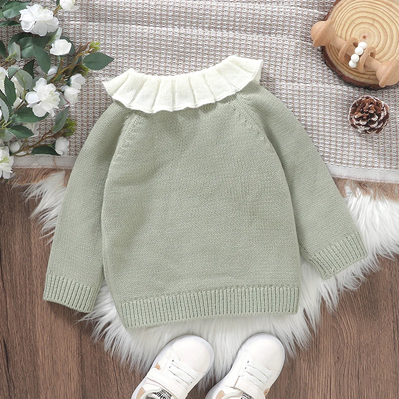 Toddler Baby Girl Sweater Cardigan Rooster Embroidery Doll Collar Long Sleeve Button Down Tops for Fall Winter 0-3Y