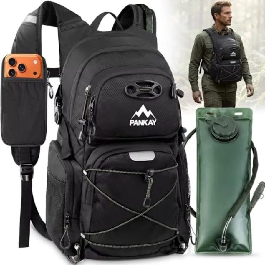 25L Hydration Backpack Hiking, Hiking Backpack with Water Bladder, Detachable Phone Pouch and Helmet Holder, Lightweight Water