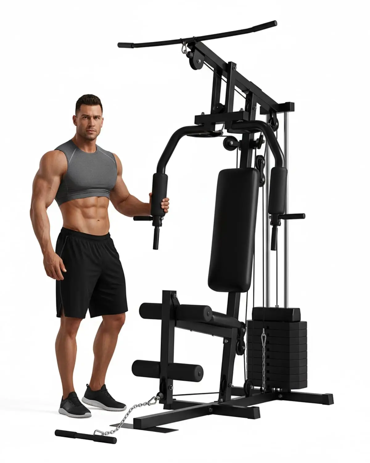 Home Gym Machine with 100LB Weight Stack, Multifunctional Full Body Workout Station for LAT Pulldown, Chest Press, Leg