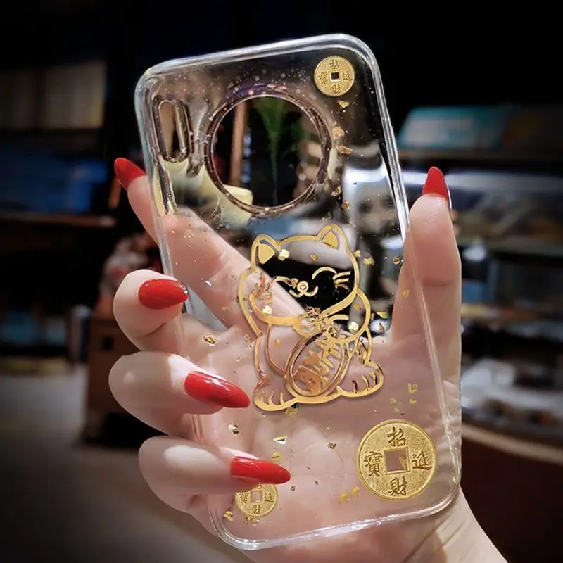 Lucky Cat Cartoon Transparent Gold Foil Phone Case for Samsung Galaxy S22 S21 A5 A51 Note10 S10 A50s A40s S20 Ultra Back Cover