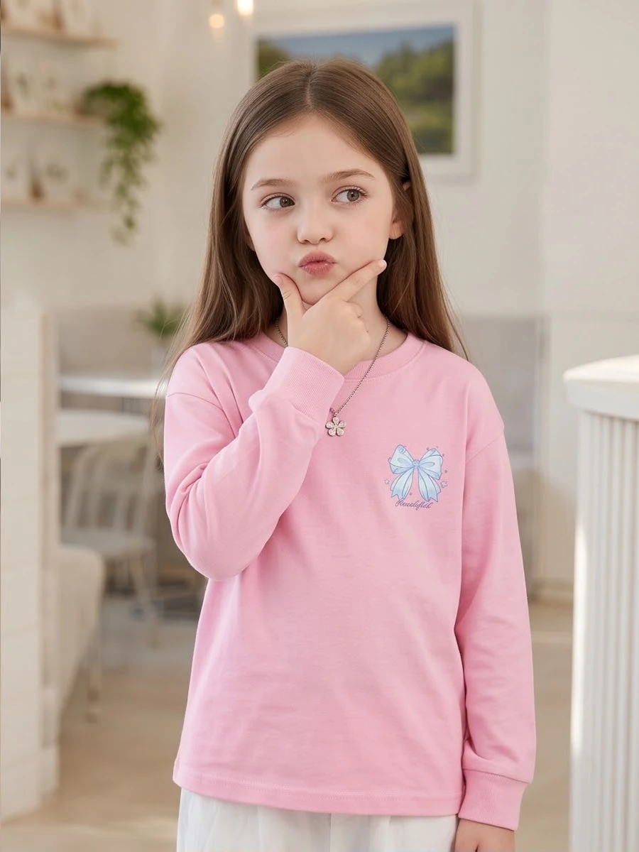 Girls Cute Bow Graphic Long Sleeve Tee 100% Cotton Small Chest Bow Print Crew Neck Loose Kids Spring Autumn Daily Top