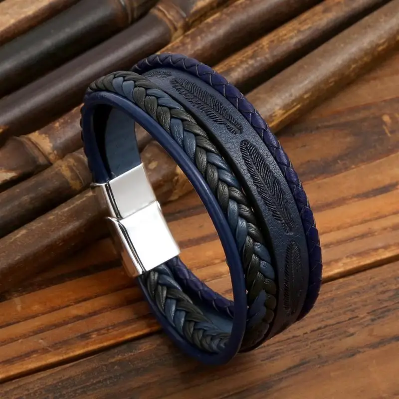 Jiayiqi Multilayer Leather Bracelet with Mental Clasp Magnet Black Punk Men's Bracelet Bangle Jewelry Wholesale