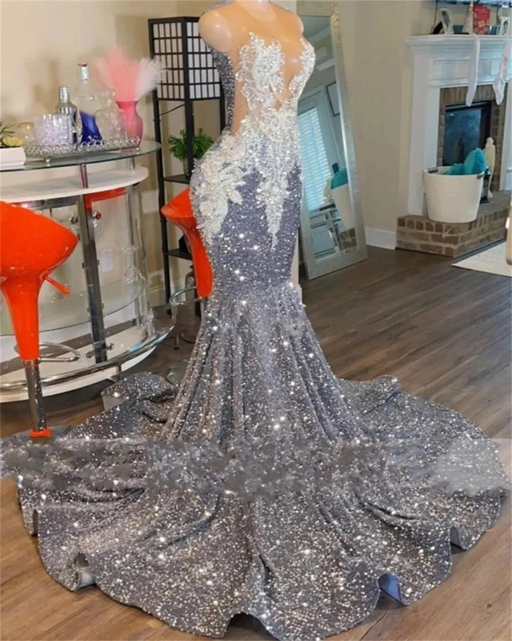 Shinning Gray Sequin Mermaid Prom Dresses 2025 Luxury O Neck Lace Appliques Birthday Party Gowns  Arabic Robe De Soriee Customiz