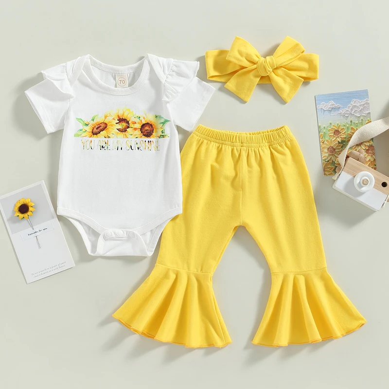 New Born Baby Girls Clothing Set 3Pcs Round Neck Short Sleeve Sunflower Print Romper with Flare Pants and Headband Outfits