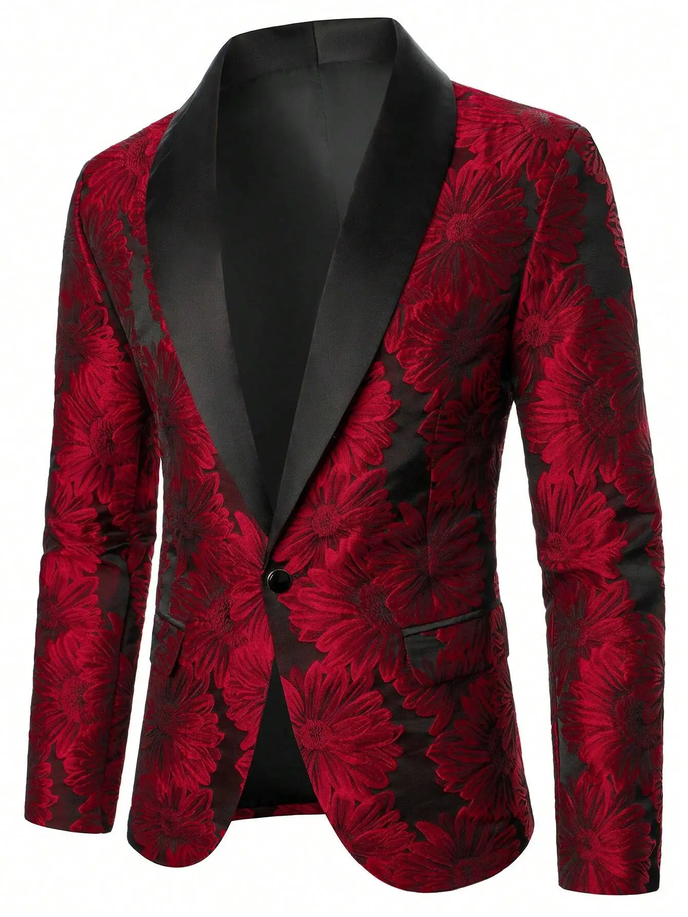 Men's Red Floral Jacquard Blazer with Satin Lapel, Single Button, Formal Occasion Wear