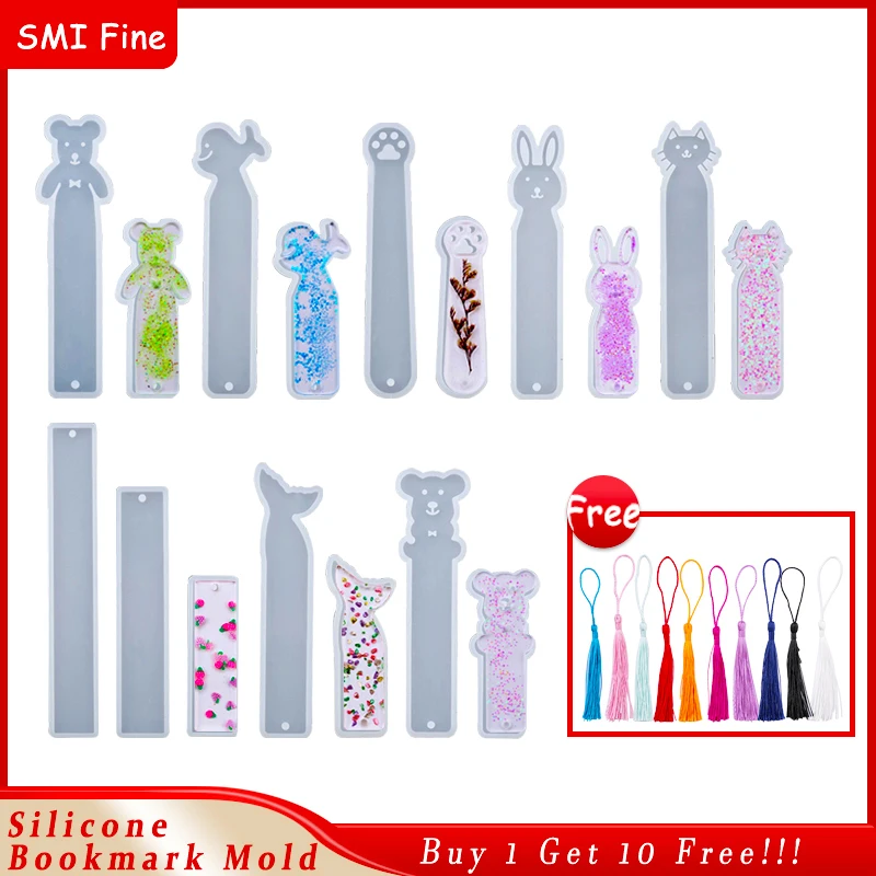 SMI 1 Set Silicone Bookmark Mold Epoxy Resin Molds Buy 1 Get 10 Free, Cute Animal Shapes With Tassel for Resin Crafts DIY Design