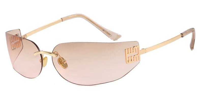 Hochwertige Randlose Rahmenlose Sonnenbrille für Damen Luxuriöse Personalisierte Y2k Gebogene Metallbuchstaben Sonnenbrillen Damenschattierungen
