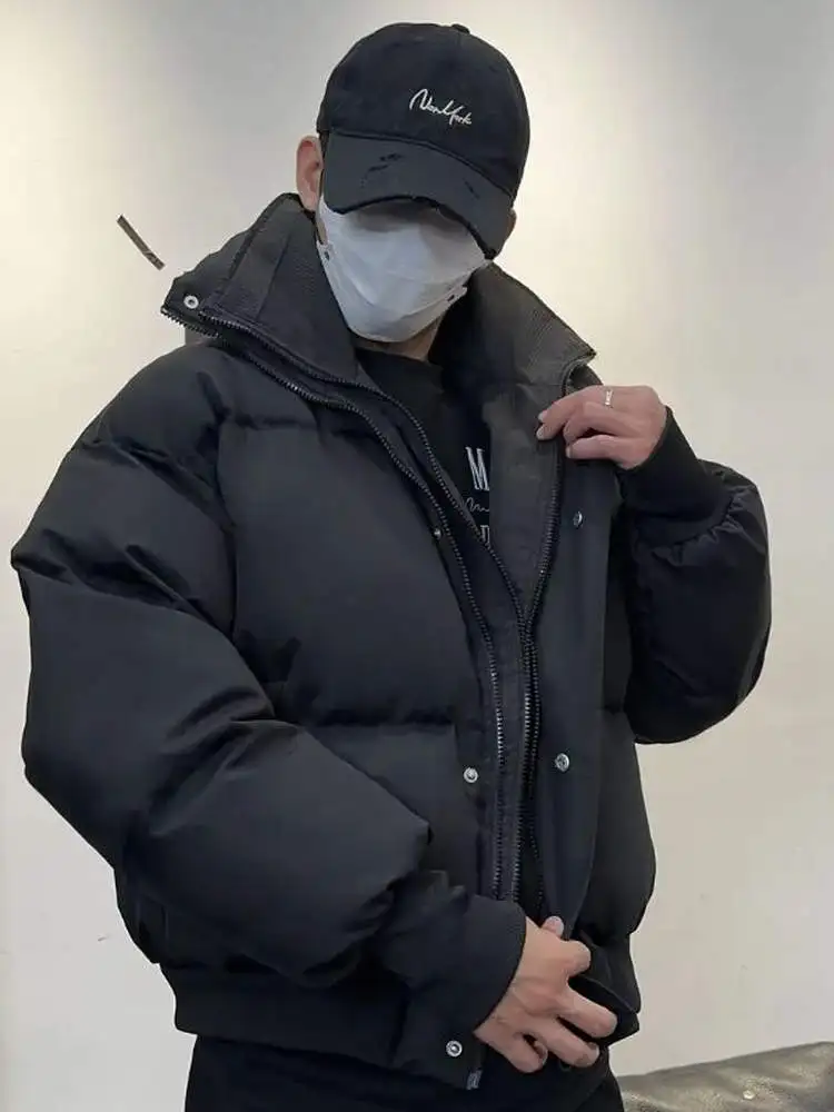 

Thiened ort Cotton Jaet Men's Sle Pure Color Stand Collar Winter Warm Coat Bread Sle Bla Cotton Clothes