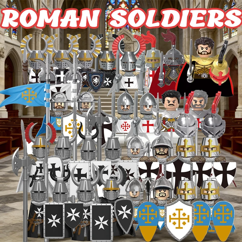 Figurines de soldats romains médiévaux, blocs de construction, château militaire, guerrier, hôpital, chevalier templier, drapeau, cape, accessoires, briques, jouet