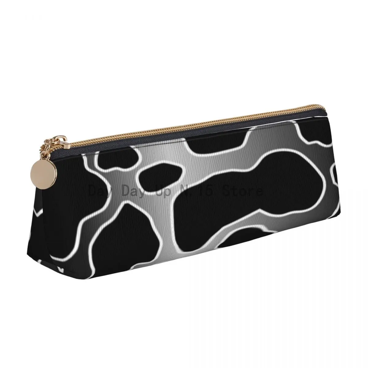 

Black White Cow Print Leather Pencil Case Gray Gradient Faded Spots Retro Zipper Pencil Box College For Teens Triangle Pen Bag