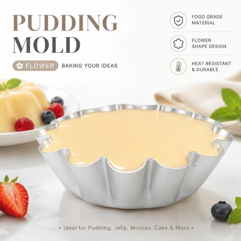 12PCS Aluminum Alloy Flower Pudding Mold Flower Shaped Easy Release Surface Fluted Cake Mold Fluted Wave Edge Silver Jelly Mold