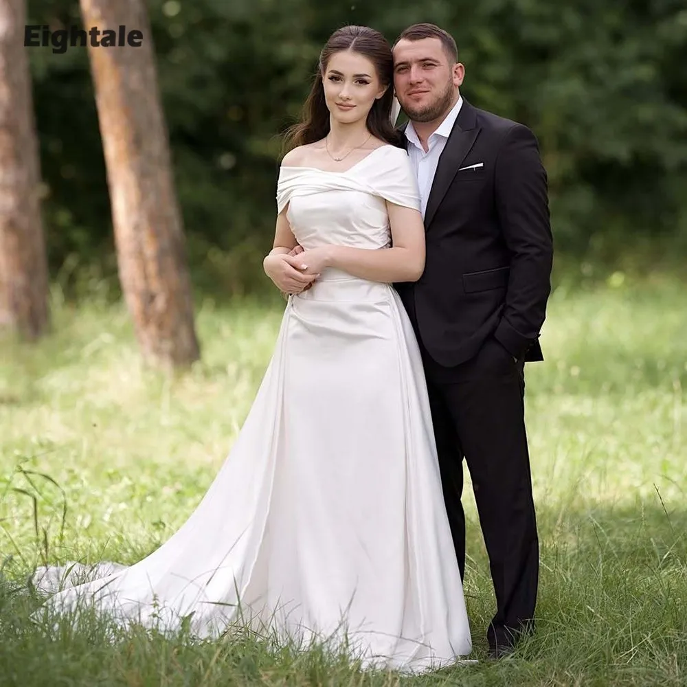 

Eightale Arabic Wedding Dresses Customized Strapless Cap Sleeves Satin Ivory Mermaid Bridal Gowns Vestidos De Novia