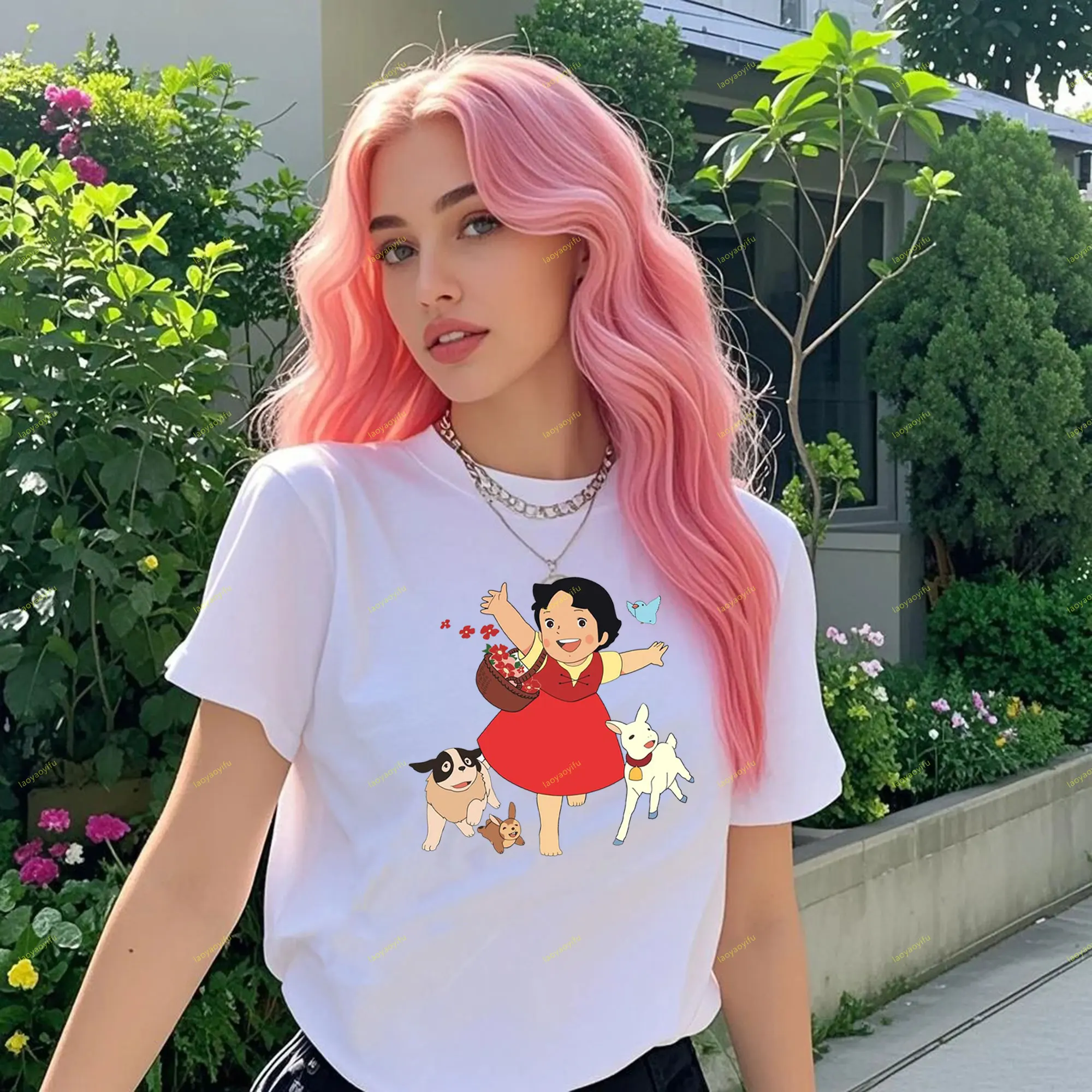 Heidi Dziewczyna z Alp Klasyczny wzór T-shirt z nadrukiem Krótki rękaw O-neck Klasyczny wzór Wysokiej jakości koszulki bawełniane