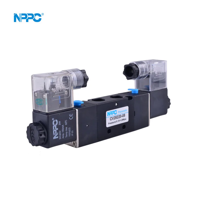 

CV25220-06 5/2 way solenoid valve black or silver color coil voltage DC24V AC24V AC220V double heads port size G1/4 NPPC Brand