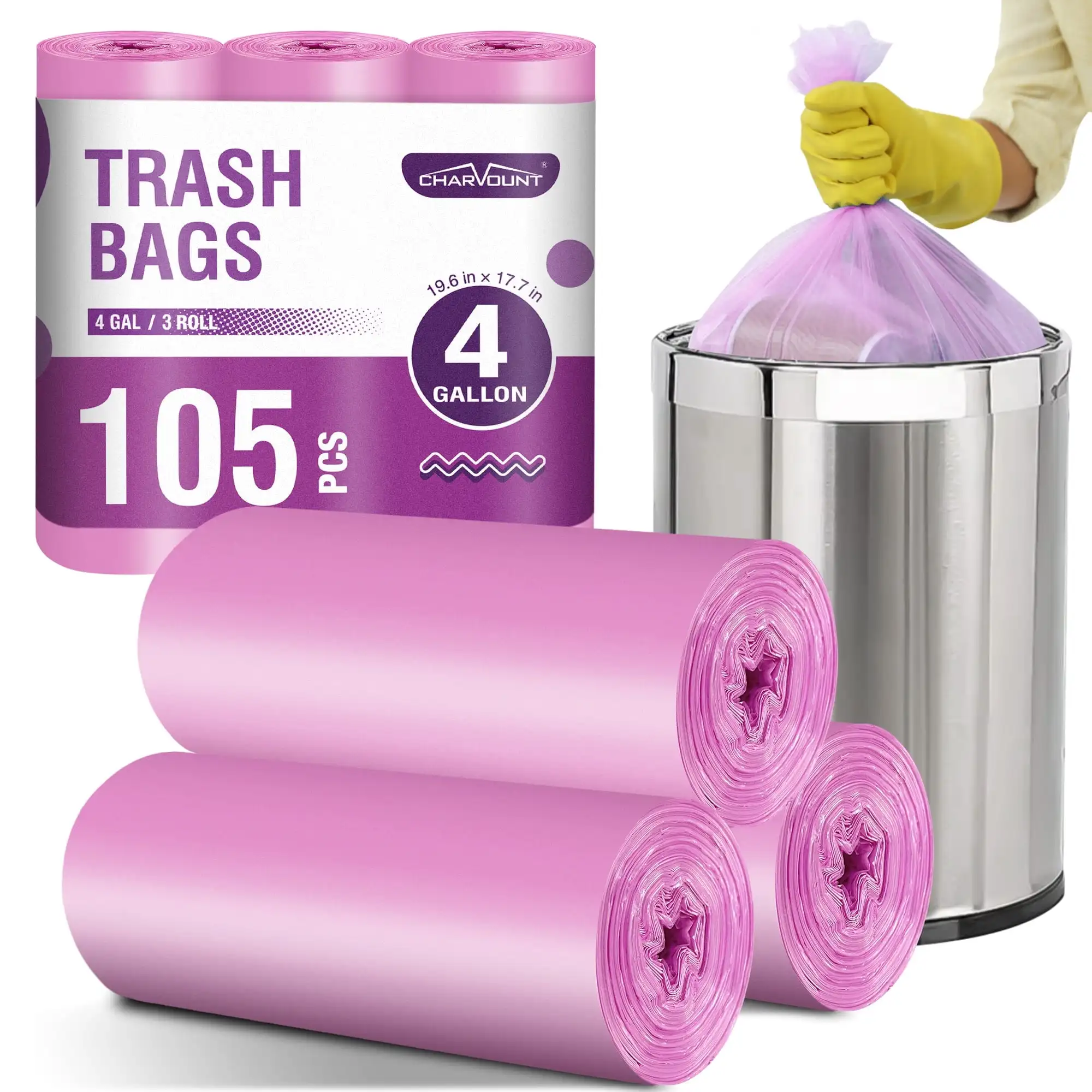 

4 Gallon Small Trash Bags 105 Count Pink Perfect for everyday use. Used to handle light kitchens and bathrooms