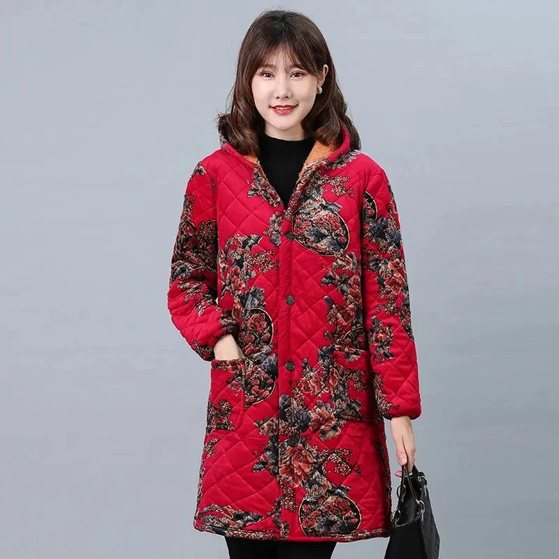 Down Cotton Jacket Women Plus Velvet Thick Middle-aged Elderly Mother Wear Long Padded Coat Female Large Size Hooded Warm Parkas