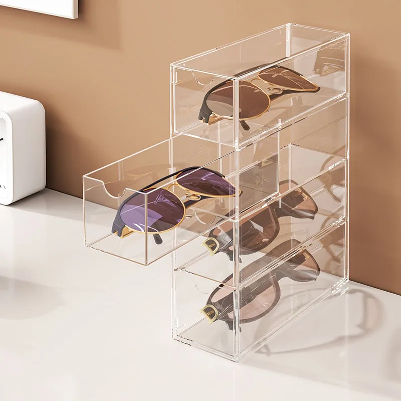 Acrylic 4-Tier Stackable Drawer Organizer Box-Dustproof Desktop Eyewear Storage Display Case for Glasses Sunglasses Stationery​