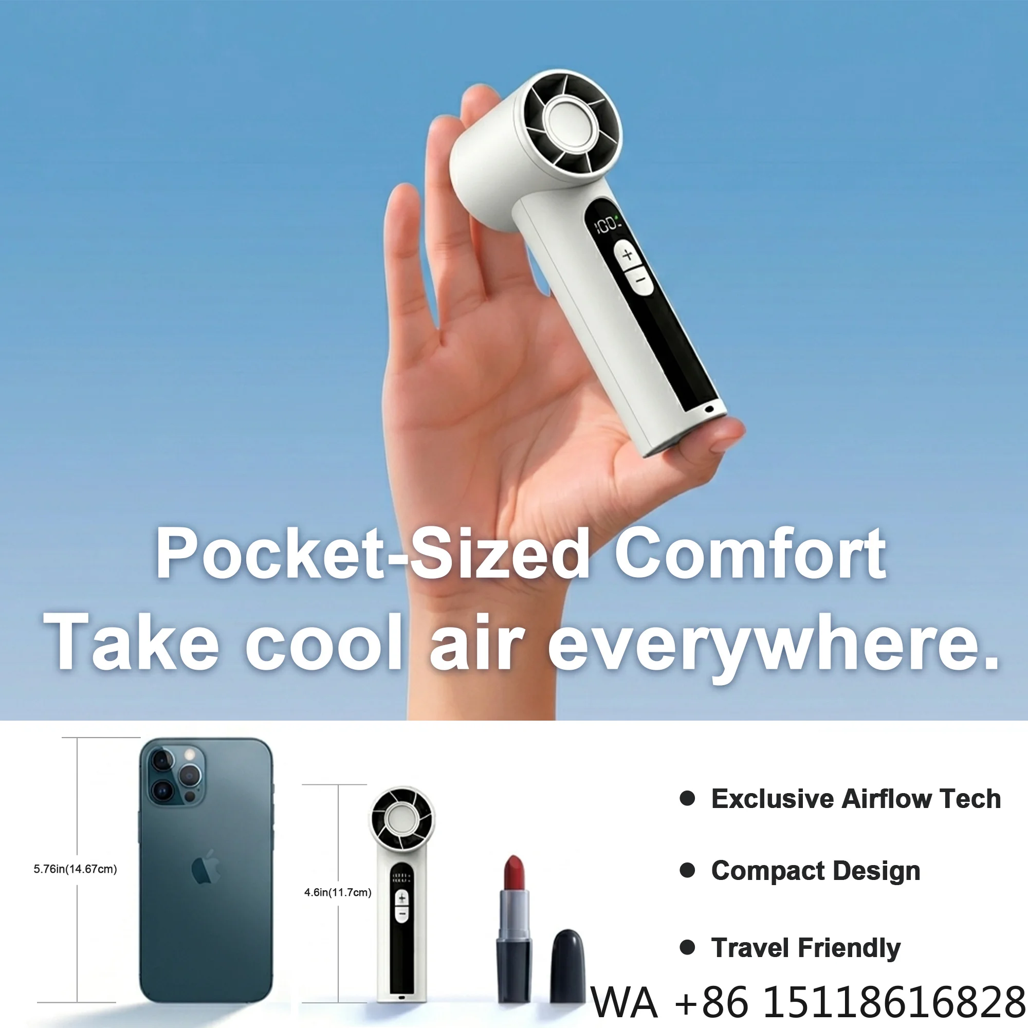 USB Portable Fan Handheld Mini Fan Brushless Motor Quiet Cooling Fan with LED Display for Office Travel Outdoor Car RV