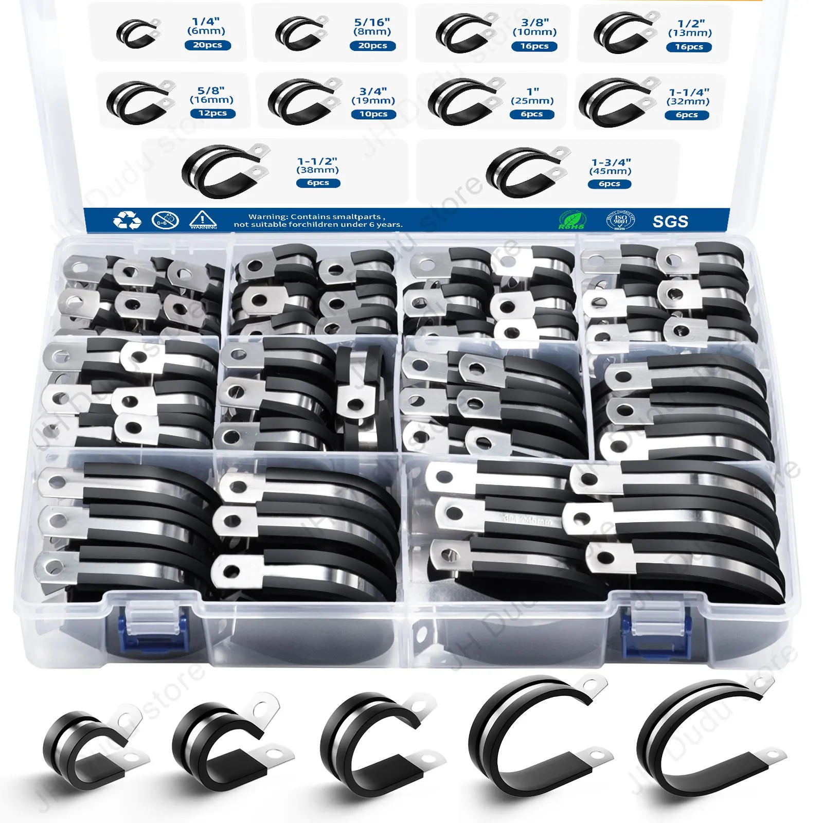 

118pcs Cable Clamp 10 Sizes Stainless Steel Rubber Coated Cushioned Set 6-45mm Automotive Wiring Water Hose Fuel Line Pipe Clip