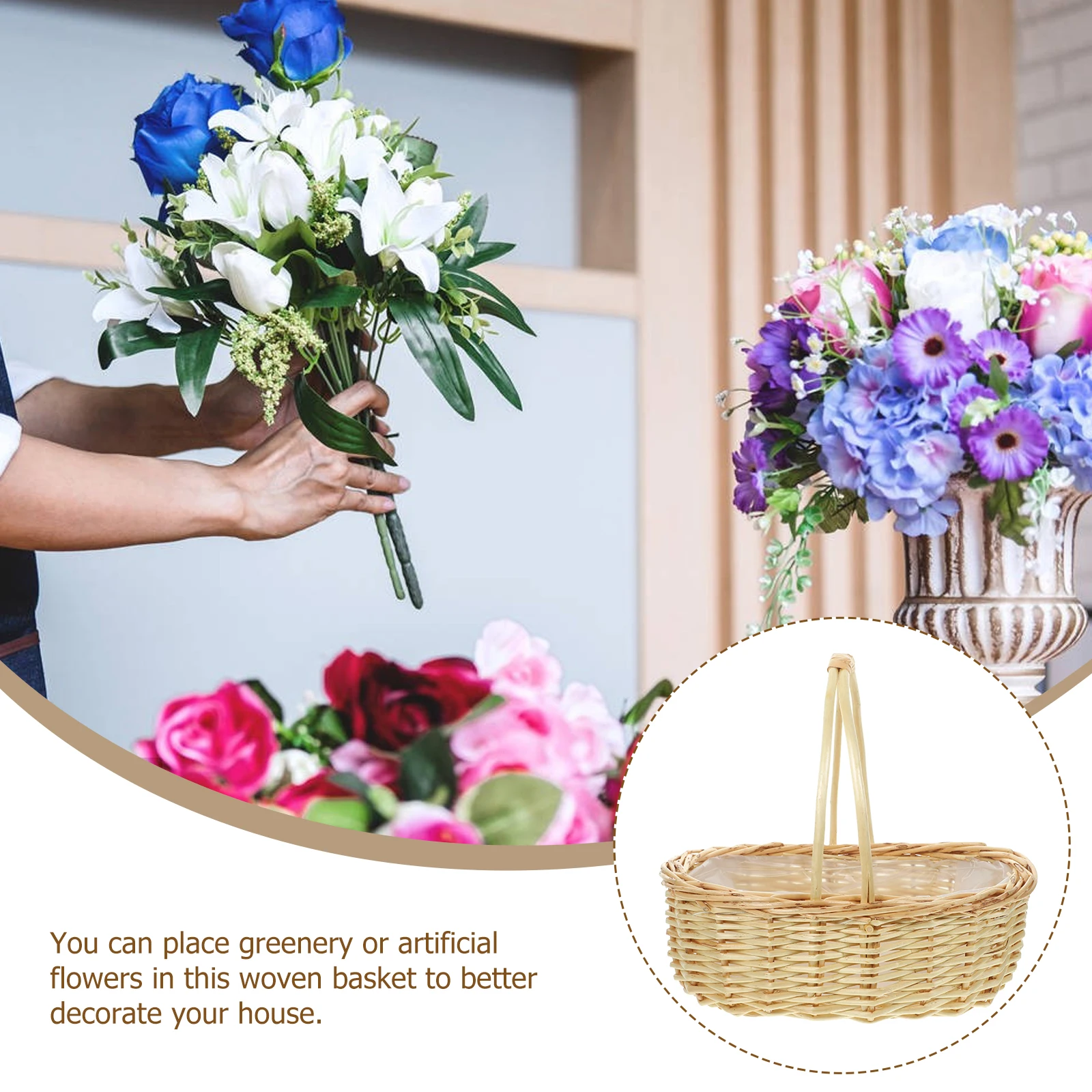 

Wicker Flower Basket Handmade Portable Storage Woven Picnic Rattan Fruit Non Deform Home Decor Multi